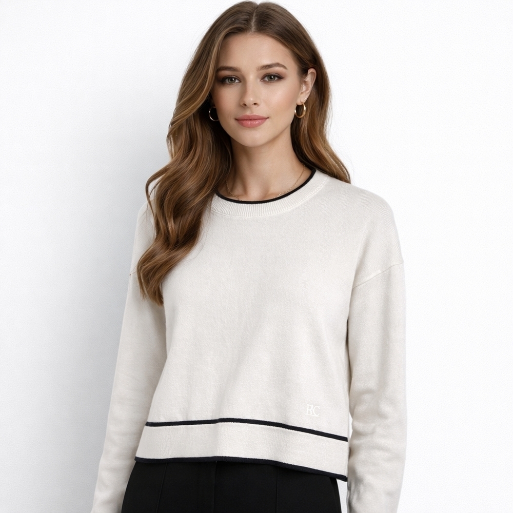 Calvin Klein Cream White Crewneck Sweater Black Contrast Trim 100% Cotton Sz Xl